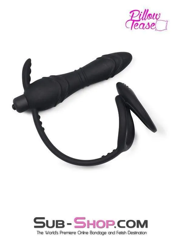 1643M-SIS      Silicone Anal Sissy Vibe Plug with Dual Cock and Ball Rings