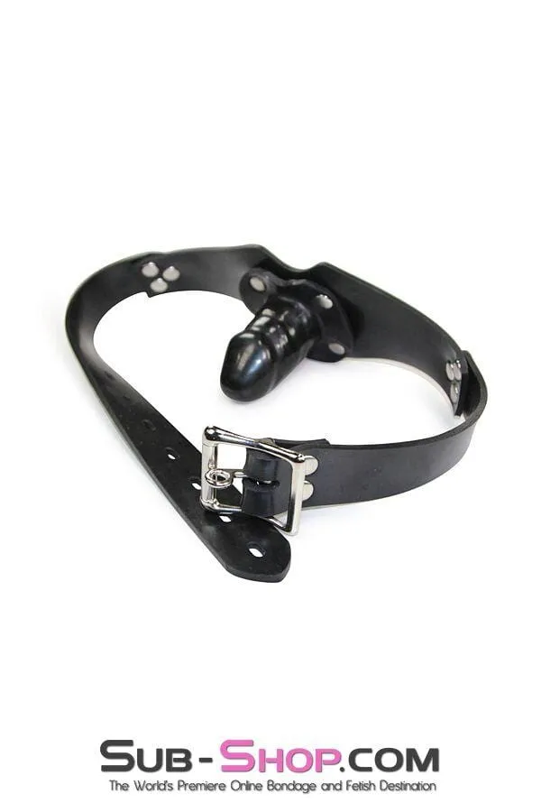 2441A-SIS      Pretty Domme Sissy Locking Rubber Penis Panel Gag. Small Rubber Penis Gag