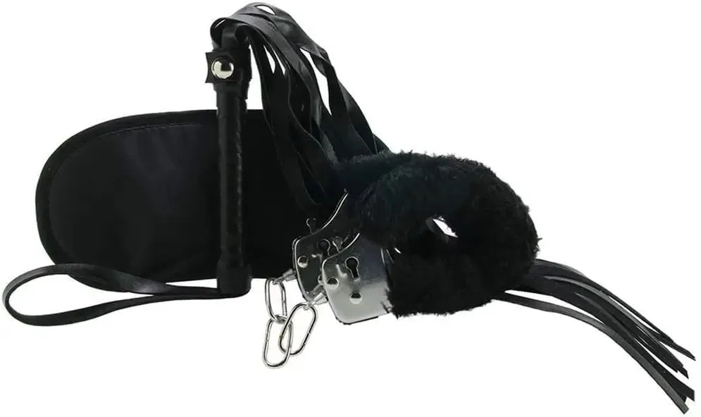 3-Piece Introductory Bondage Kit Black Sex Handcuffs. BDSM Blindfold and Flogger