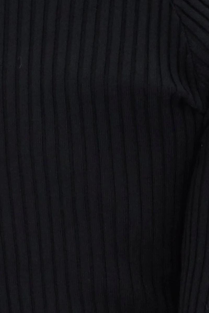 Black Knit Top Long Sleeve Lace Up Detail Ribbed
