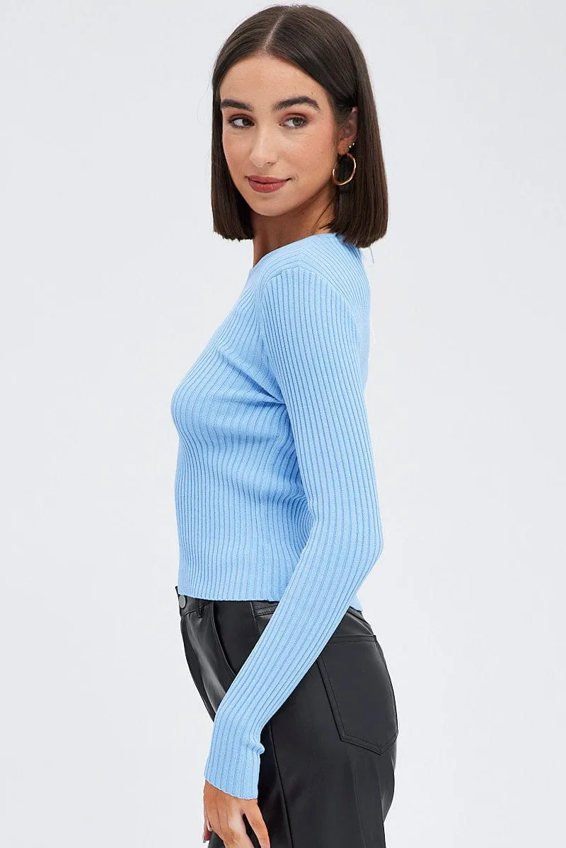 Blue Knit Top Cut Out Long Sleeve Ribbed