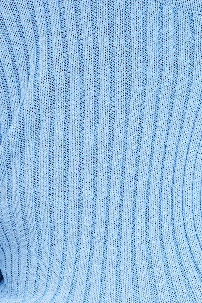 Blue Knit Top Cut Out Long Sleeve Ribbed