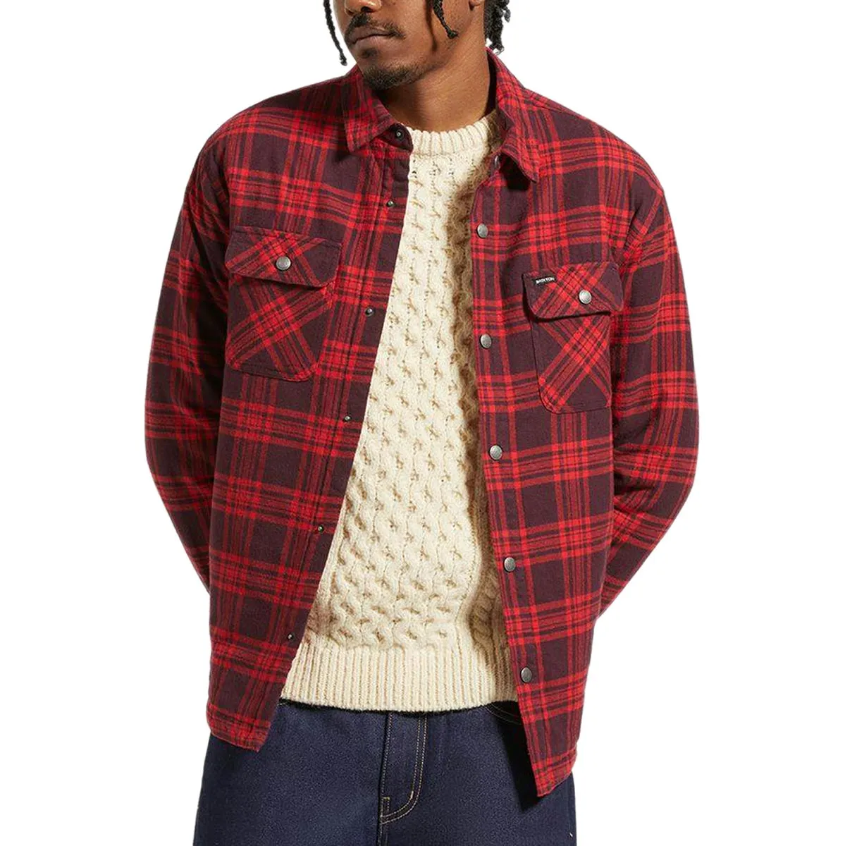 Brixton Bowery Quilted Long Sleeve Flannel Shirt - Bright Red/Mahogandy