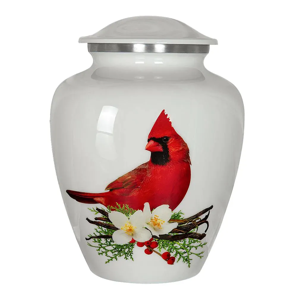 Cardinal on White Cremation Urn | Adult Cremation Urn | Cardinal ash urn for Humans