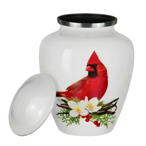 Cardinal on White Cremation Urn | Adult Cremation Urn | Cardinal ash urn for Humans