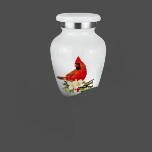 Cardinal on White Cremation Urn | KEEPSAKE Cremation Urn | Cardinal ash urn for Humans