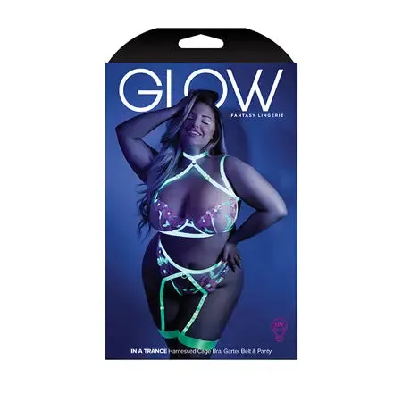 Fantasy Lingerie Glow In A Trance Harness Bra. Garter Belt Neon Chartreuse Queen