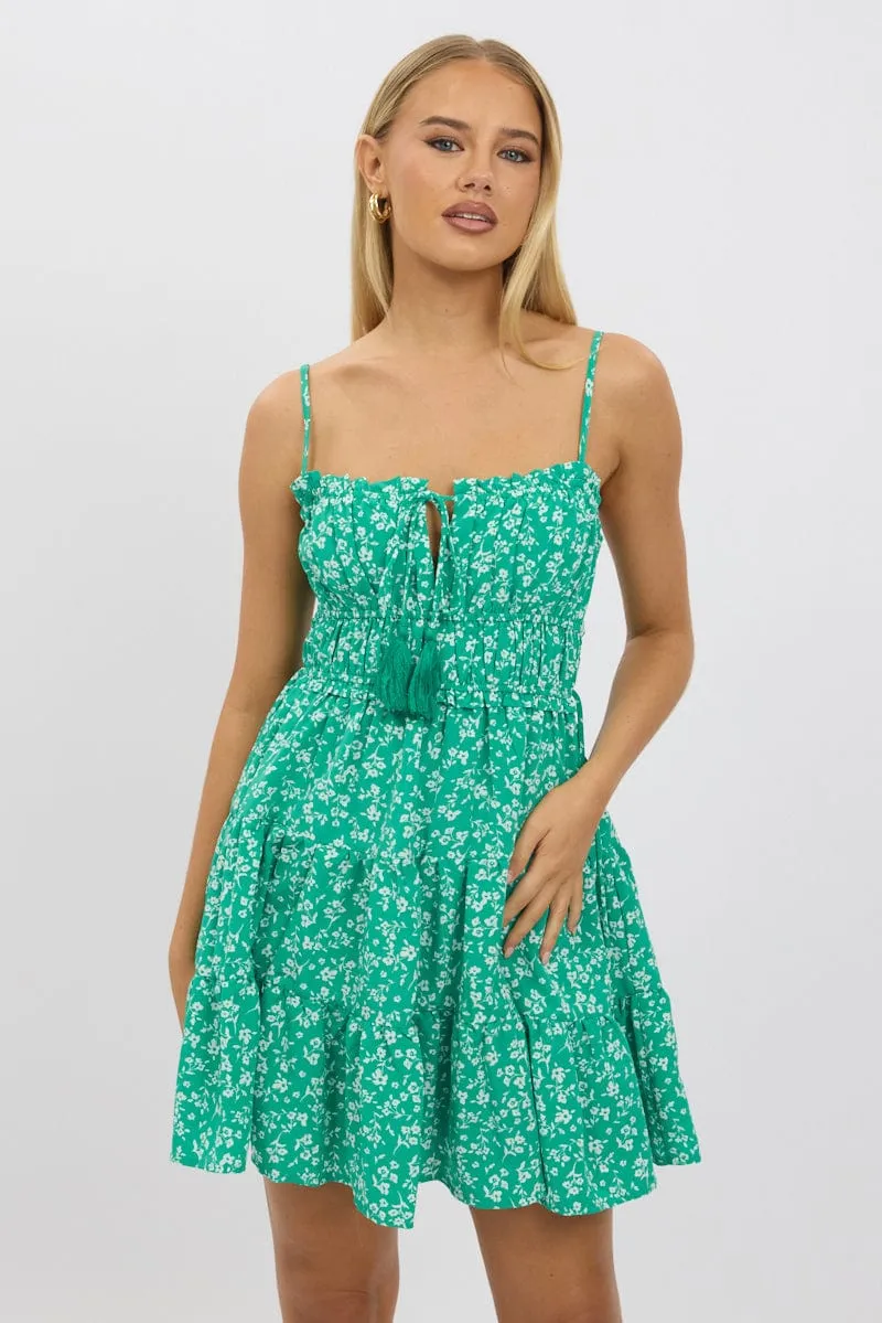 Green Ditsy Fit And Flare Dress Mini