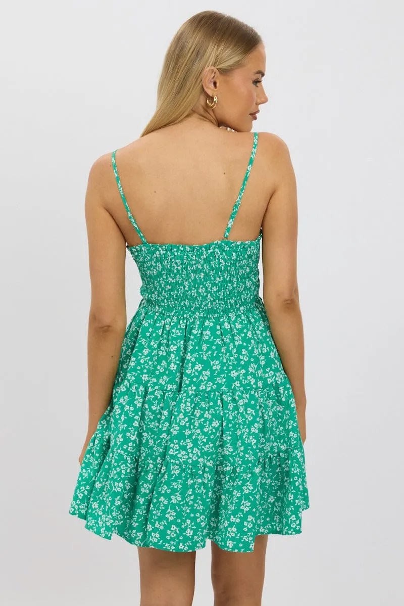 Green Ditsy Fit And Flare Dress Mini