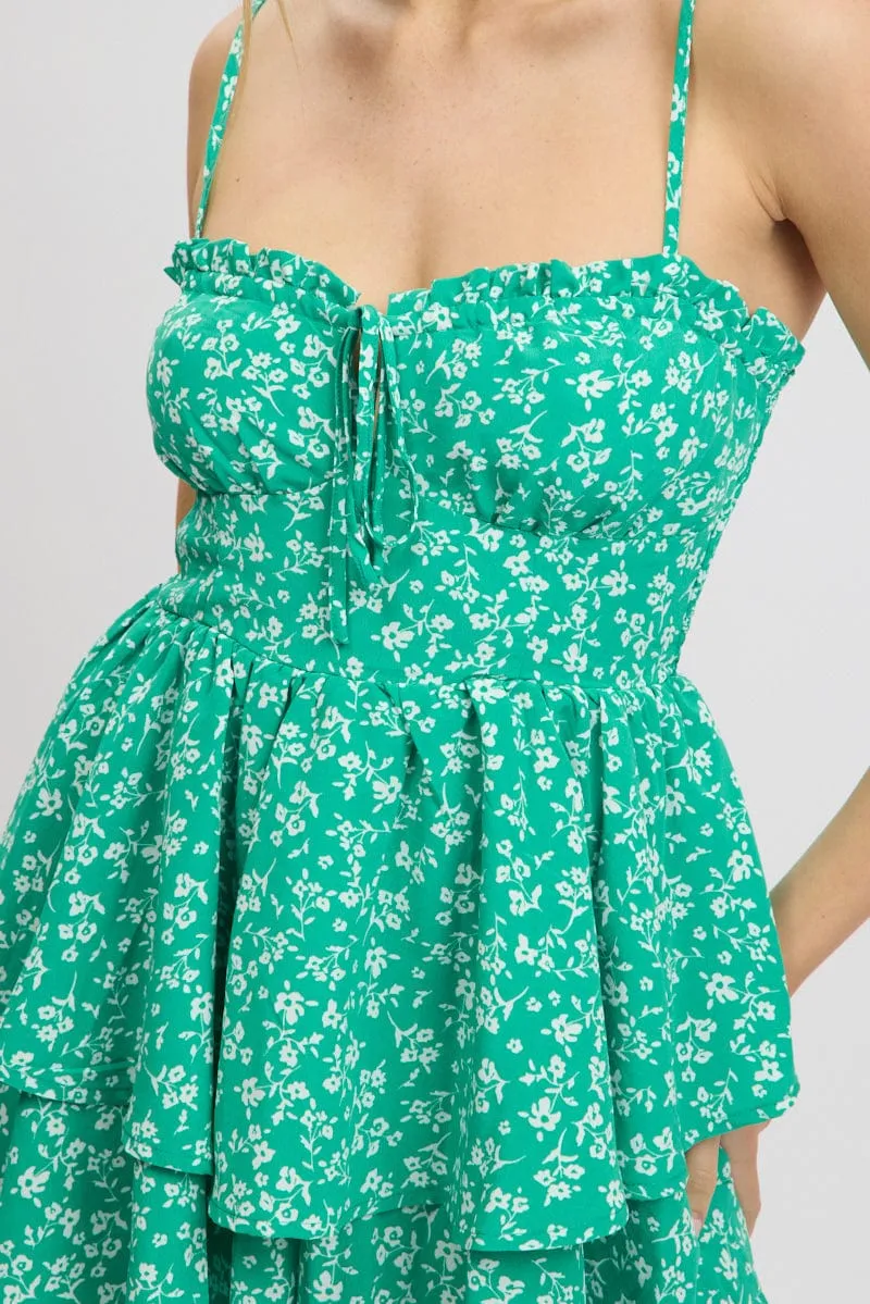 Green Ditsy Ruffle Playsuit Sleeveless Frilled