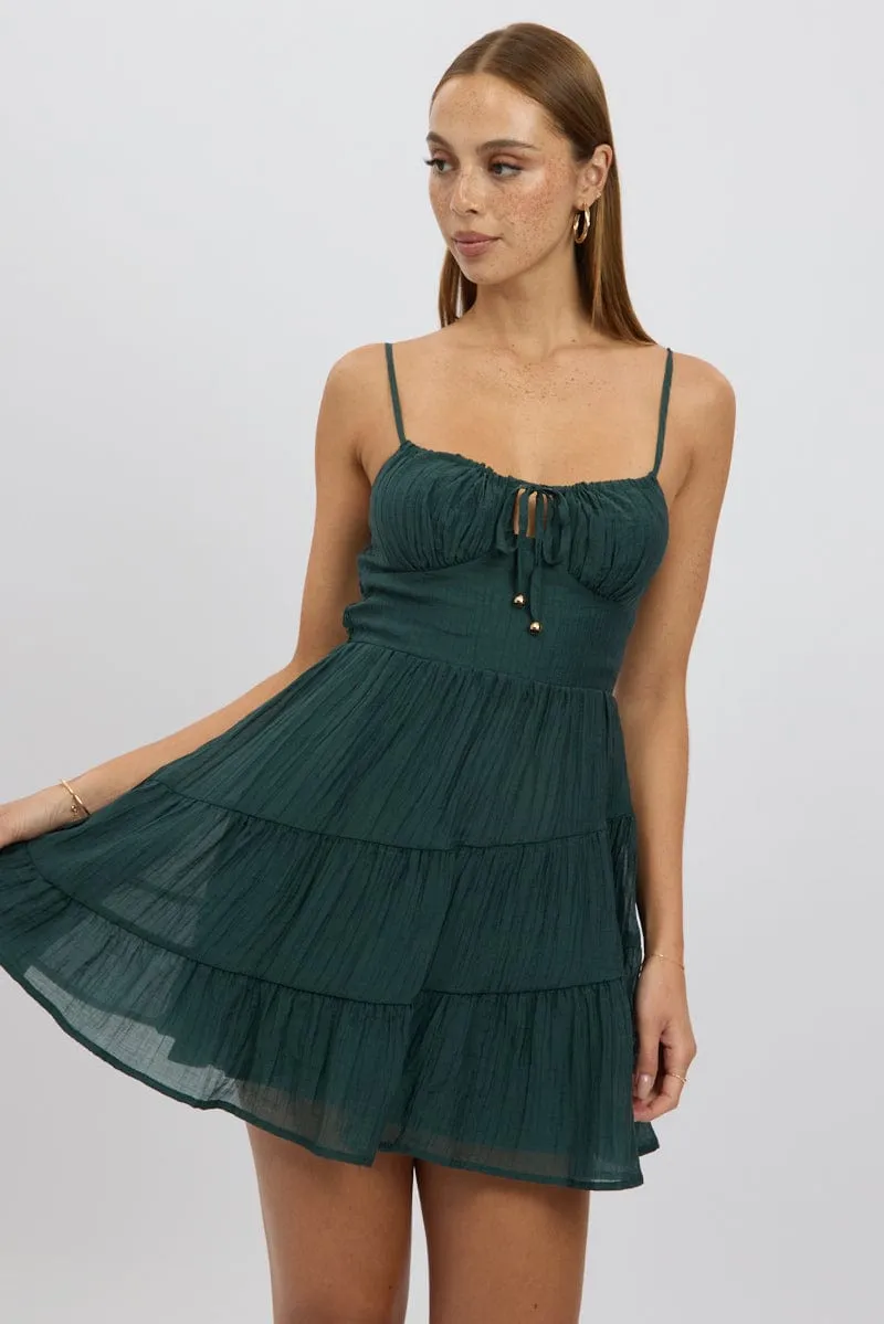 Green Fit And Flare Dress Mini Tiered