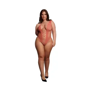Le Desir V-Neck Plus Size Teddy Lingerie with Opaque Panels Sunset Glow Queen Size