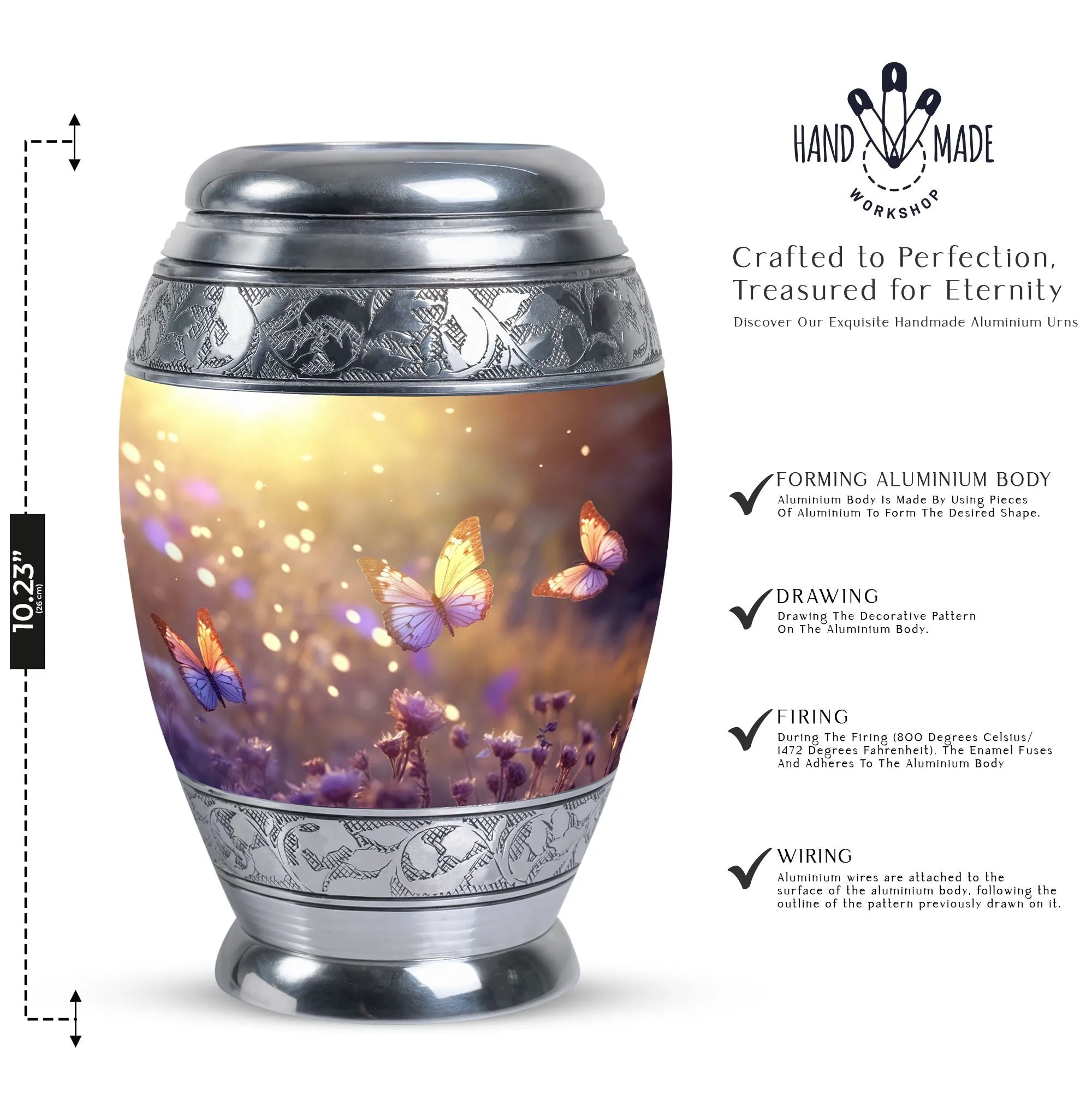 Morning Butterflies Large Urn for Ashes, Customizable Aluminium Memorial with Velvet Pouch