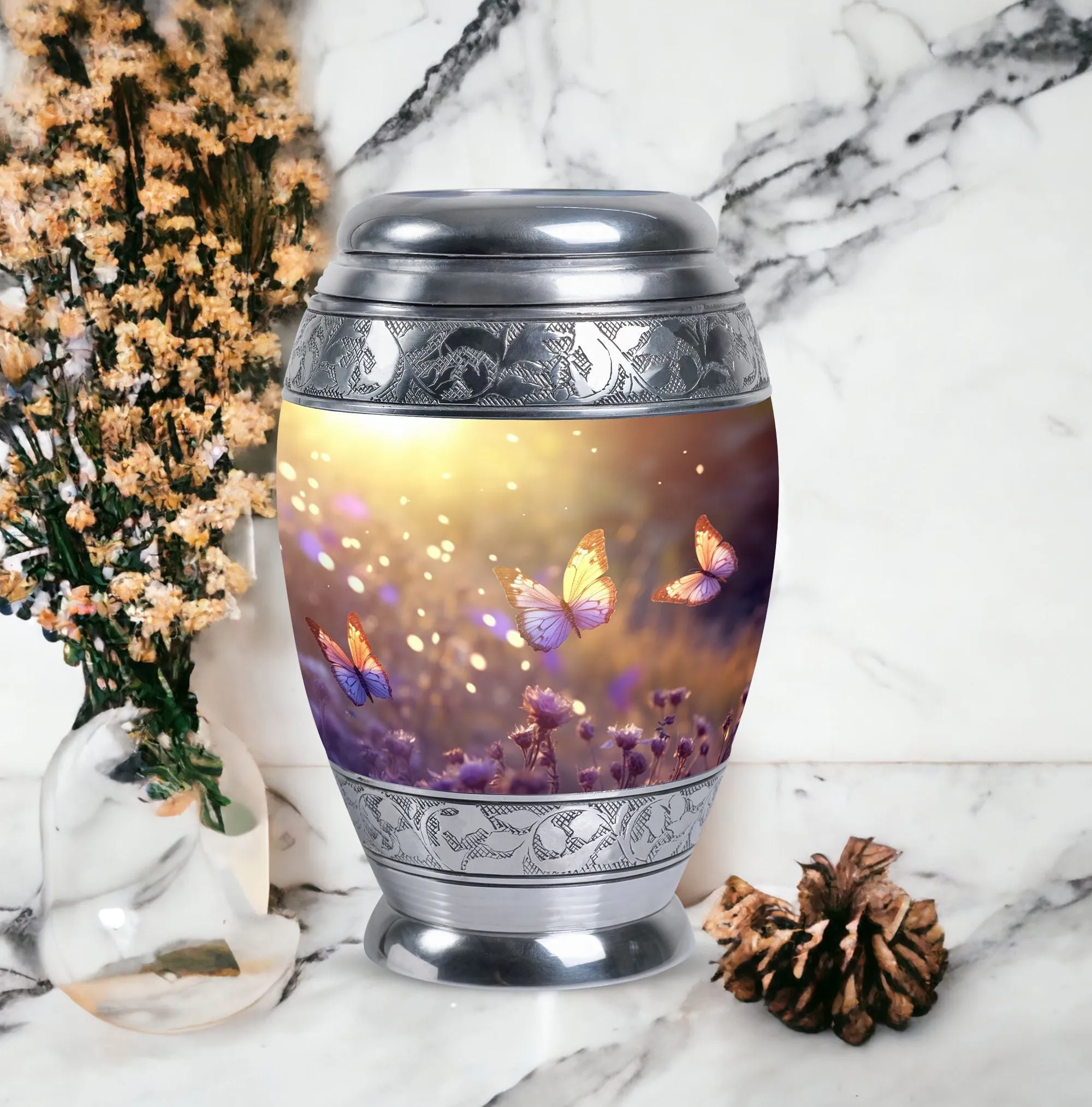 Morning Butterflies Large Urn for Ashes, Customizable Aluminium Memorial with Velvet Pouch