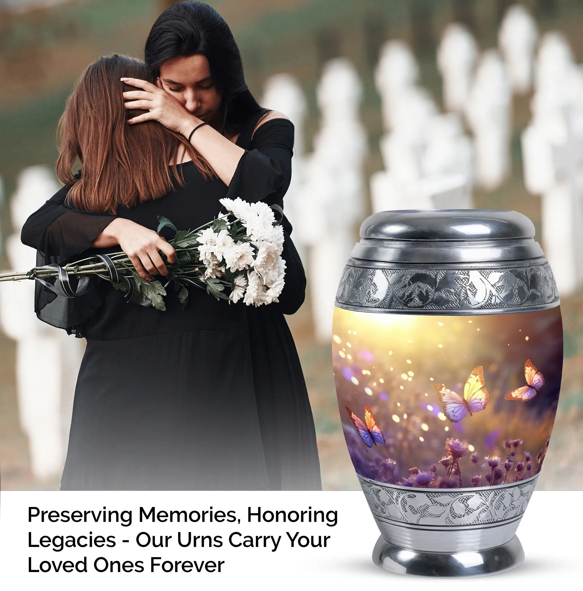 Morning Butterflies Large Urn for Ashes, Customizable Aluminium Memorial with Velvet Pouch