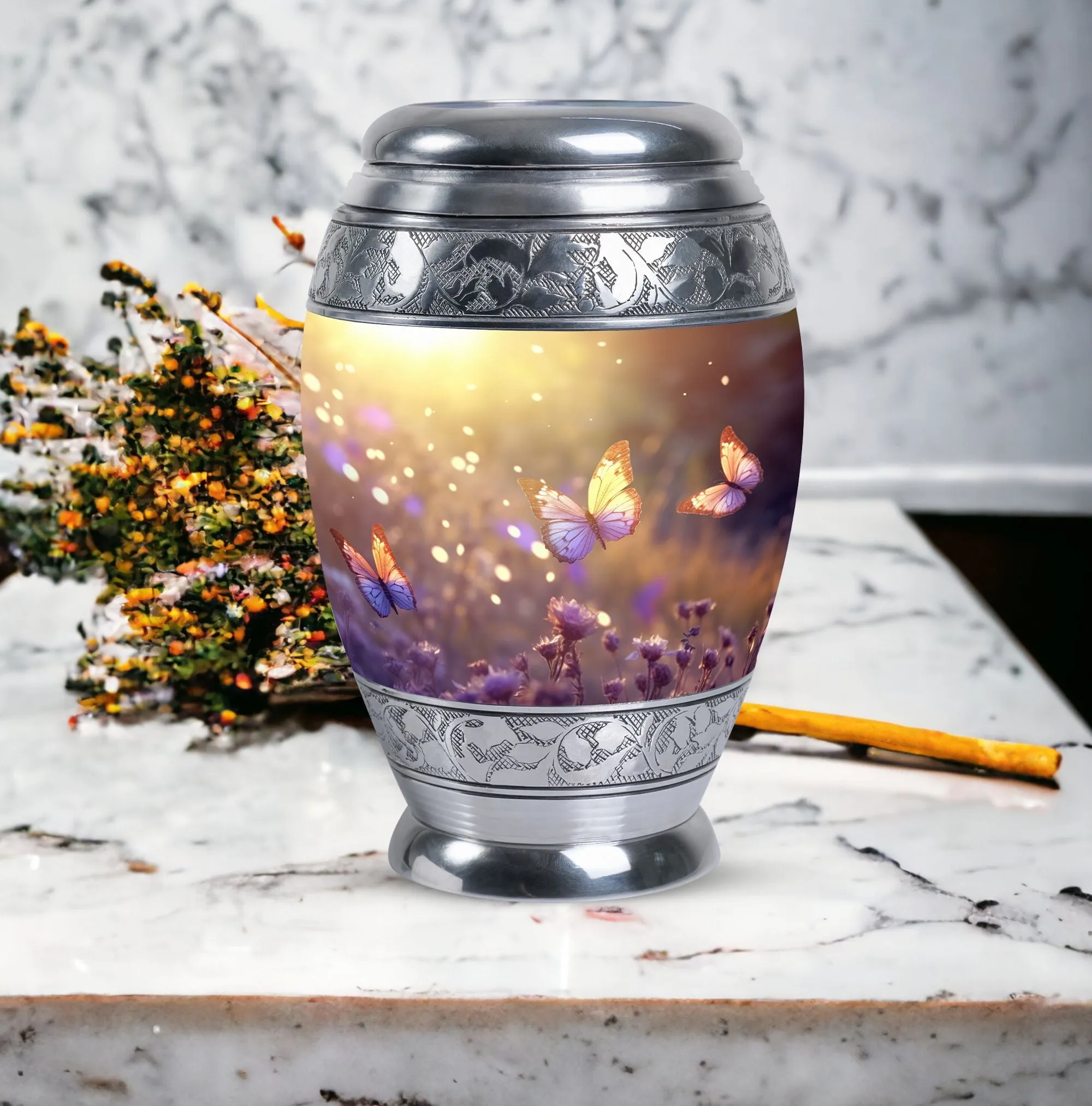Morning Butterflies Large Urn for Ashes, Customizable Aluminium Memorial with Velvet Pouch