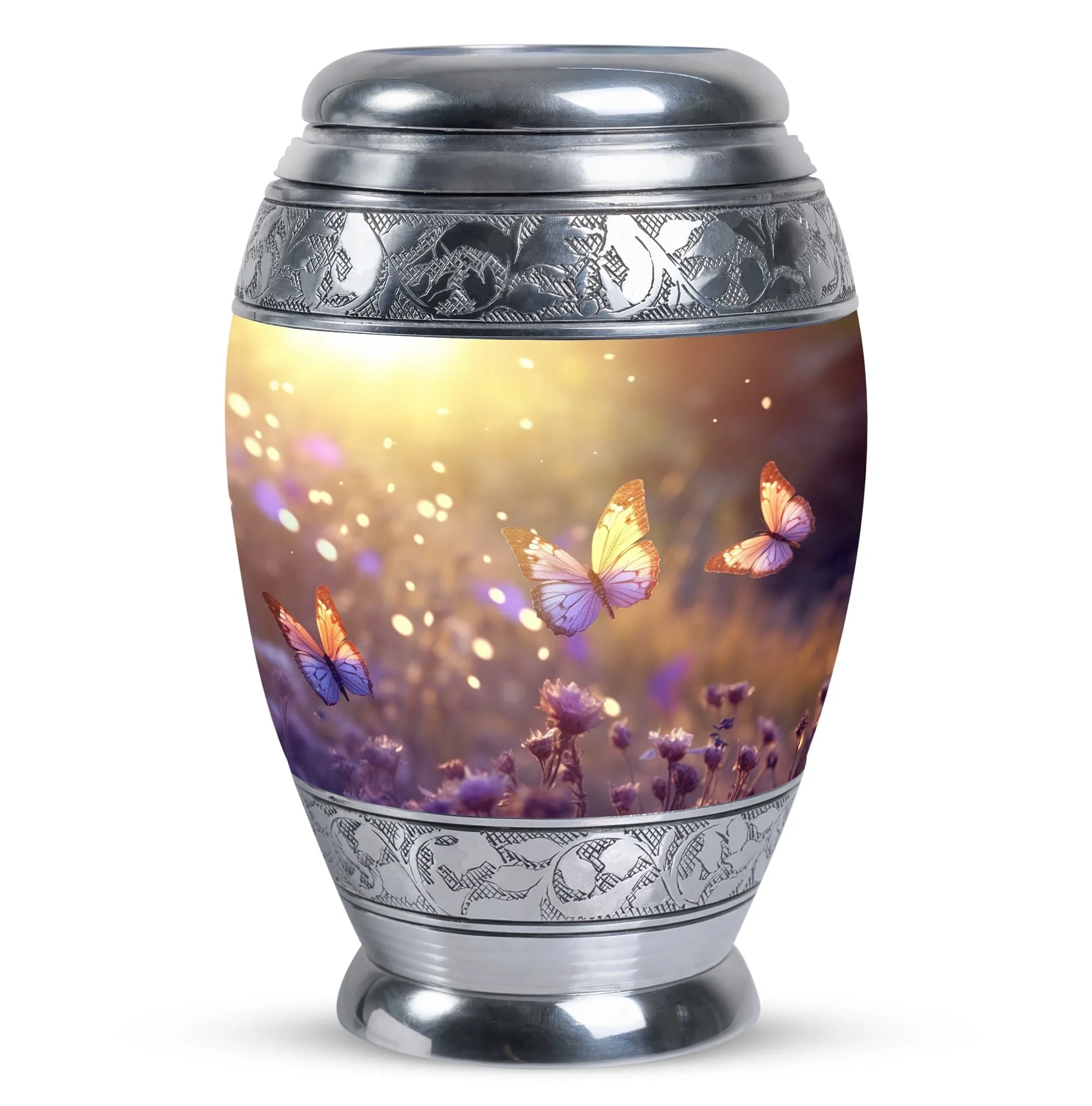 Morning Butterflies Large Urn for Ashes, Customizable Aluminium Memorial with Velvet Pouch