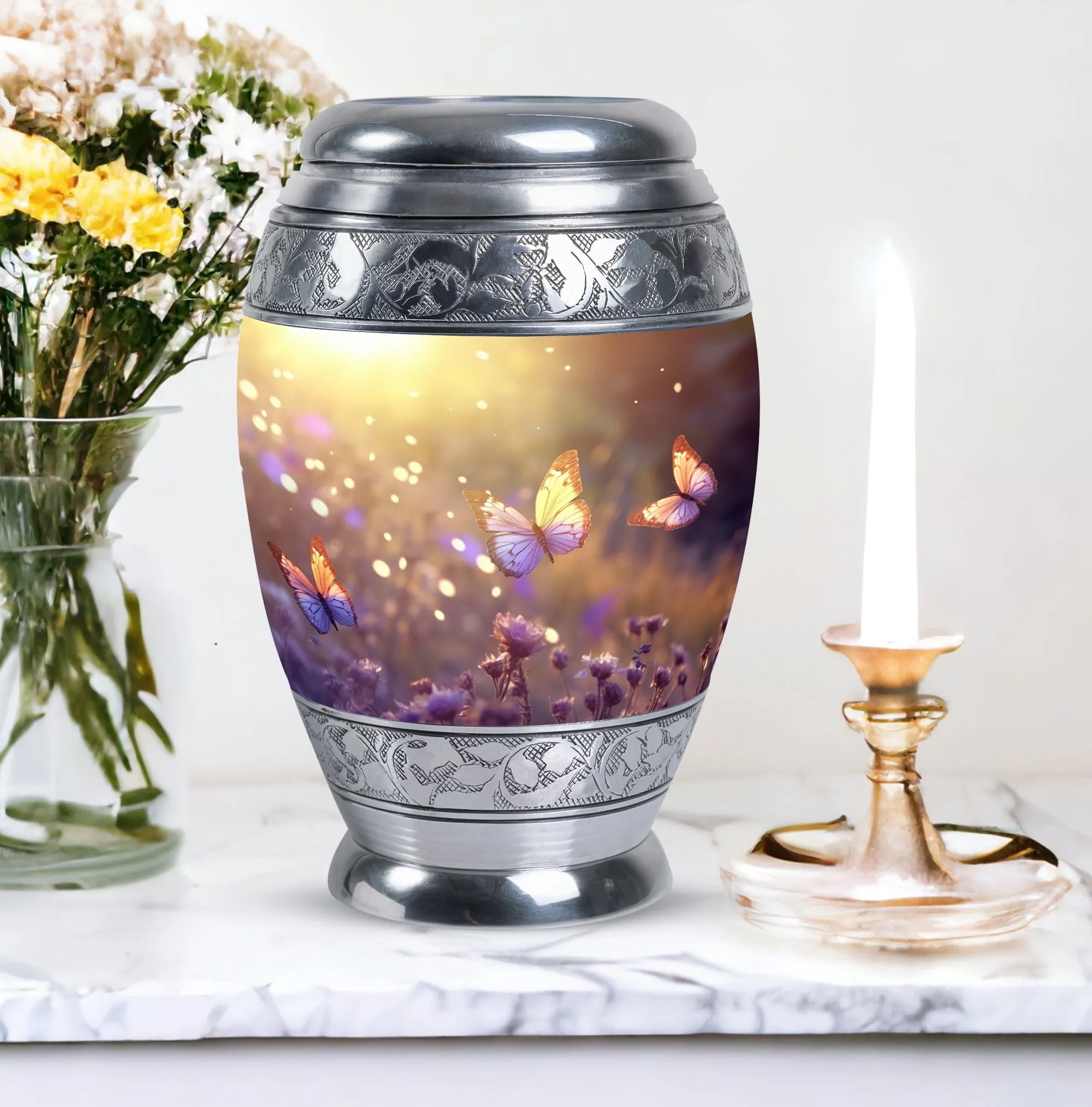 Morning Butterflies Large Urn for Ashes, Customizable Aluminium Memorial with Velvet Pouch