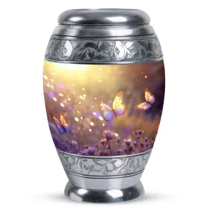 Morning Butterflies Large Urn for Ashes, Customizable Aluminium Memorial with Velvet Pouch