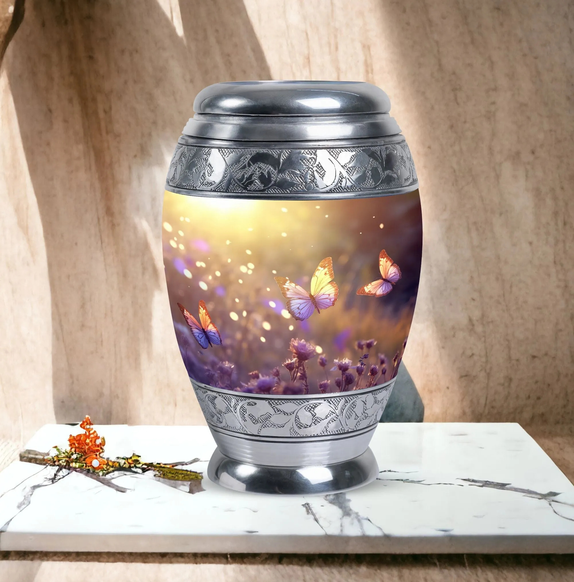 Morning Butterflies Large Urn for Ashes, Customizable Aluminium Memorial with Velvet Pouch