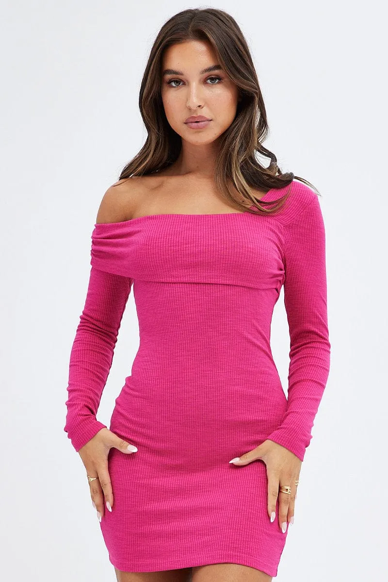 Pink Off Shoulder Dress Ribbed Long Sleeve Mini Bodycon
