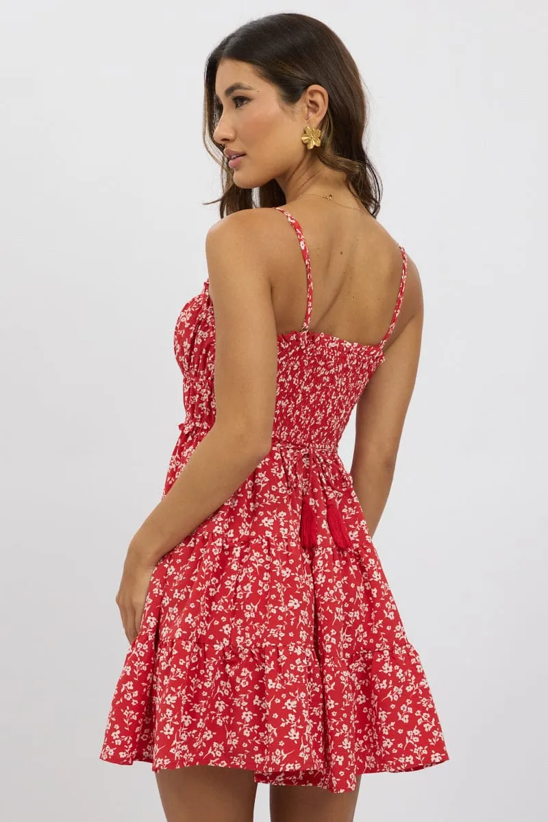 Red Ditsy Fit And Flare Dress Mini