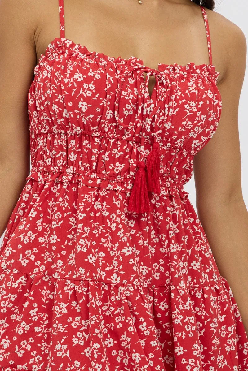 Red Ditsy Fit And Flare Dress Mini