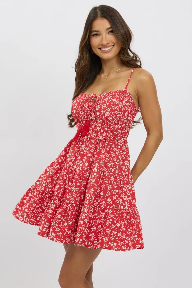 Red Ditsy Fit And Flare Dress Mini