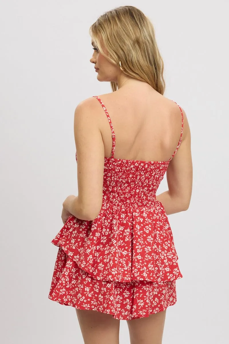 Red Ditsy Ruffle Playsuit Sleeveless Frilled