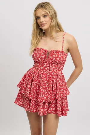 Red Ditsy Ruffle Playsuit Sleeveless Frilled