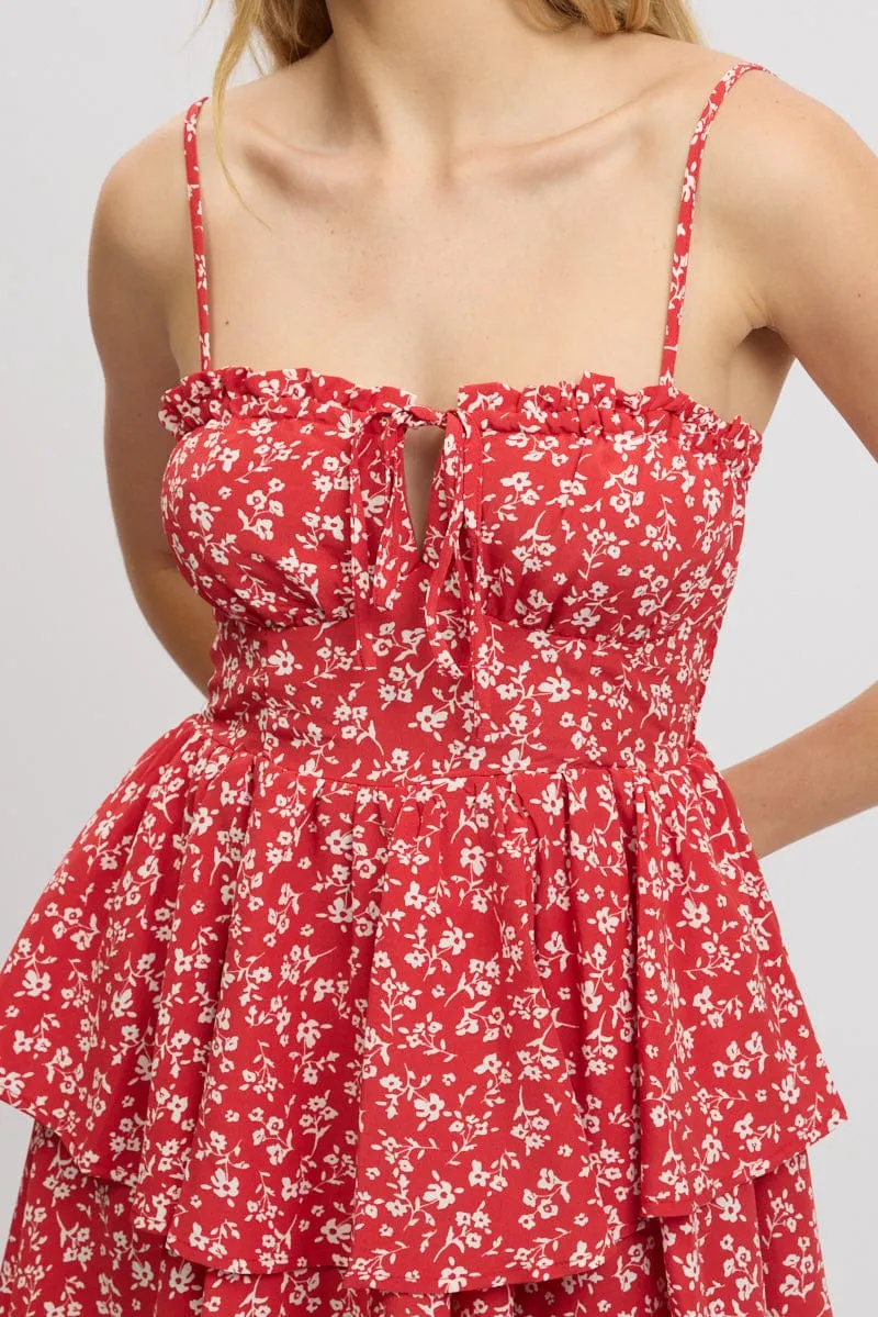 Red Ditsy Ruffle Playsuit Sleeveless Frilled