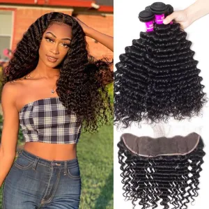 Tuneful 10A Deep Wave Human Hair 4 Bundles With 13x4 Lace Frontal 100% Remy Human Hair