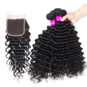 Tuneful 10A Deep Wave Human Hair 4 Bundles With 4x4/5x5 Lace Closure 100% Remy Human Hair