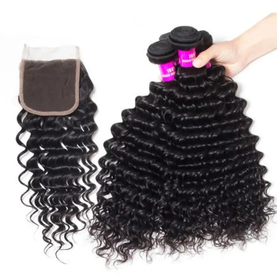 Tuneful 10A Deep Wave Human Hair 4 Bundles With 4x4/5x5 Lace Closure 100% Remy Human Hair