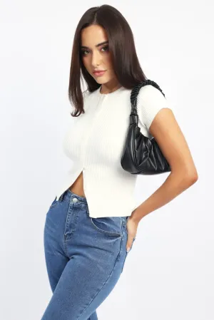White Knit Top Short Sleeve Ribbed