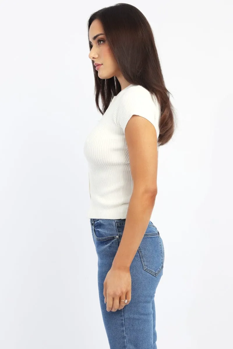 White Knit Top Short Sleeve Ribbed